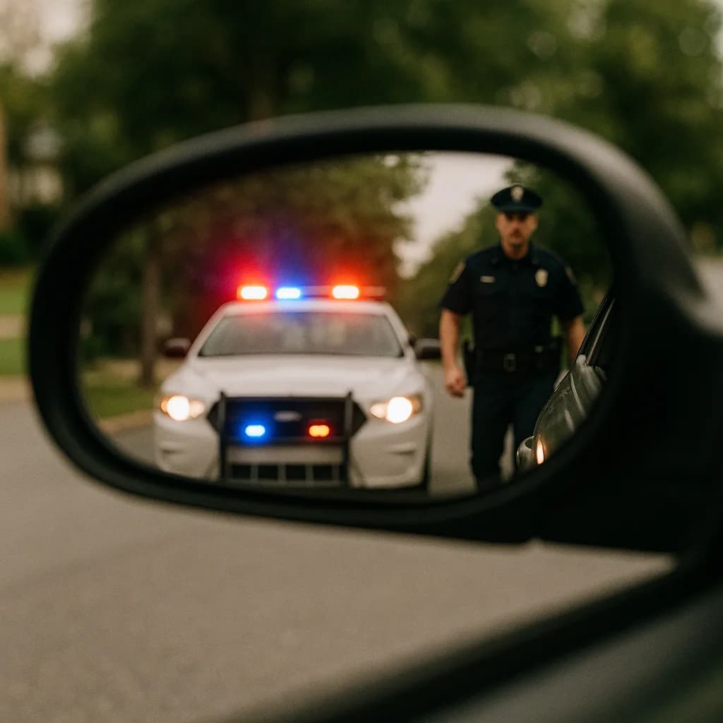 Police officer and patrol car with flashing lights reflected in car side mirror during traffic stop
