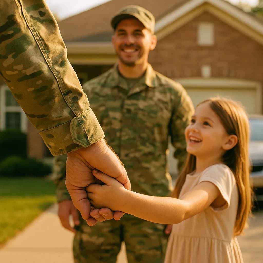 Military parent holding hands with young daughter during homecoming reunion in front of family home