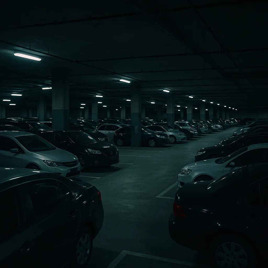Dark underground parking garage with rows of cars under fluorescent lights and concrete pillars